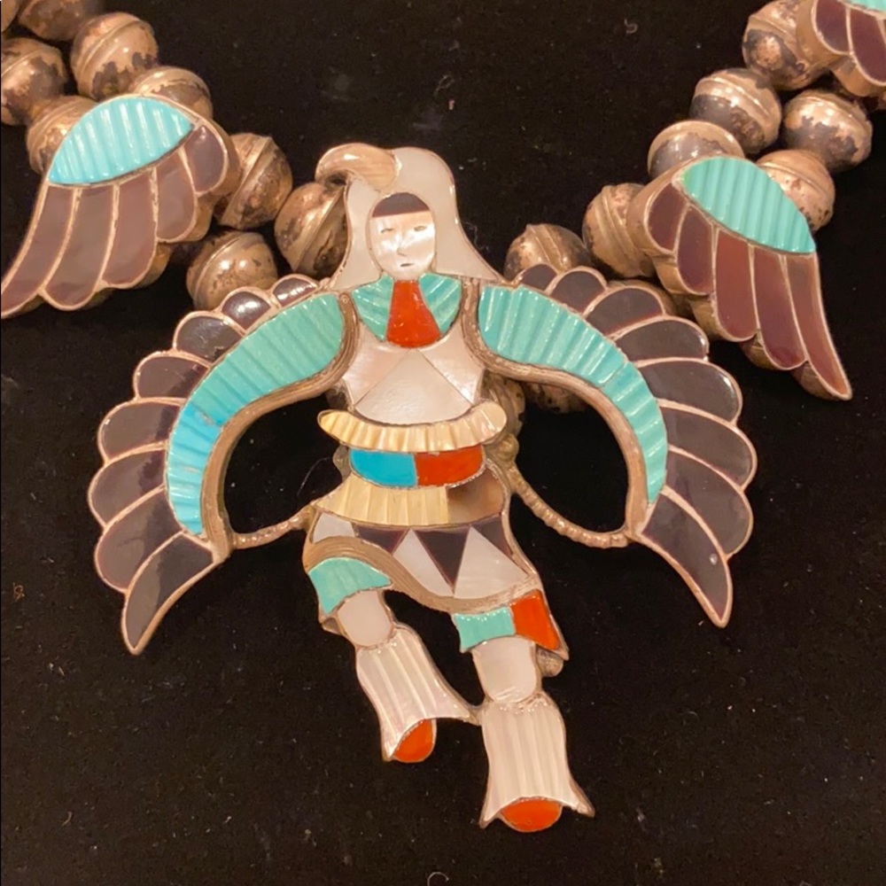 VTG 70’s Zuni Artist signed Necklace squash Blossom turquoise Native American